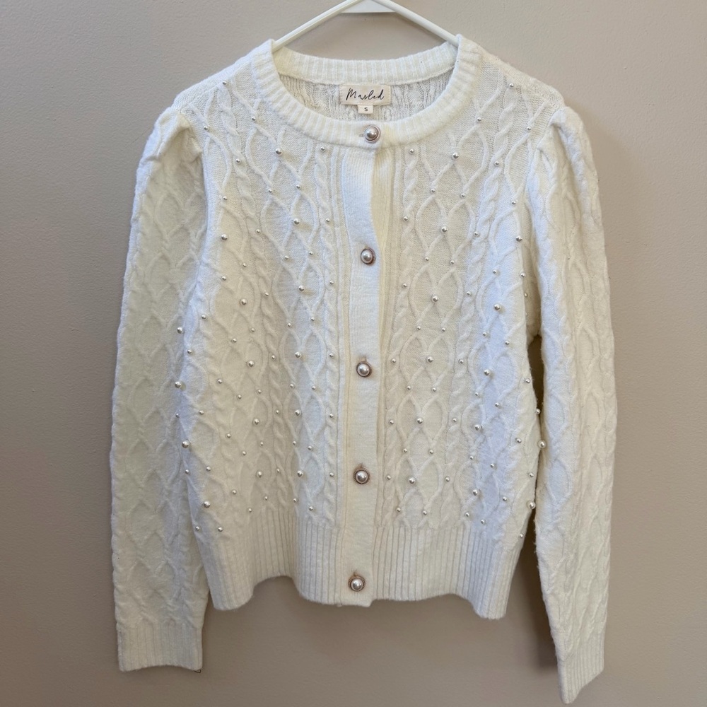 Marled Cable Knit Off White Cardigan Sweater with Pearl Details, Sz S